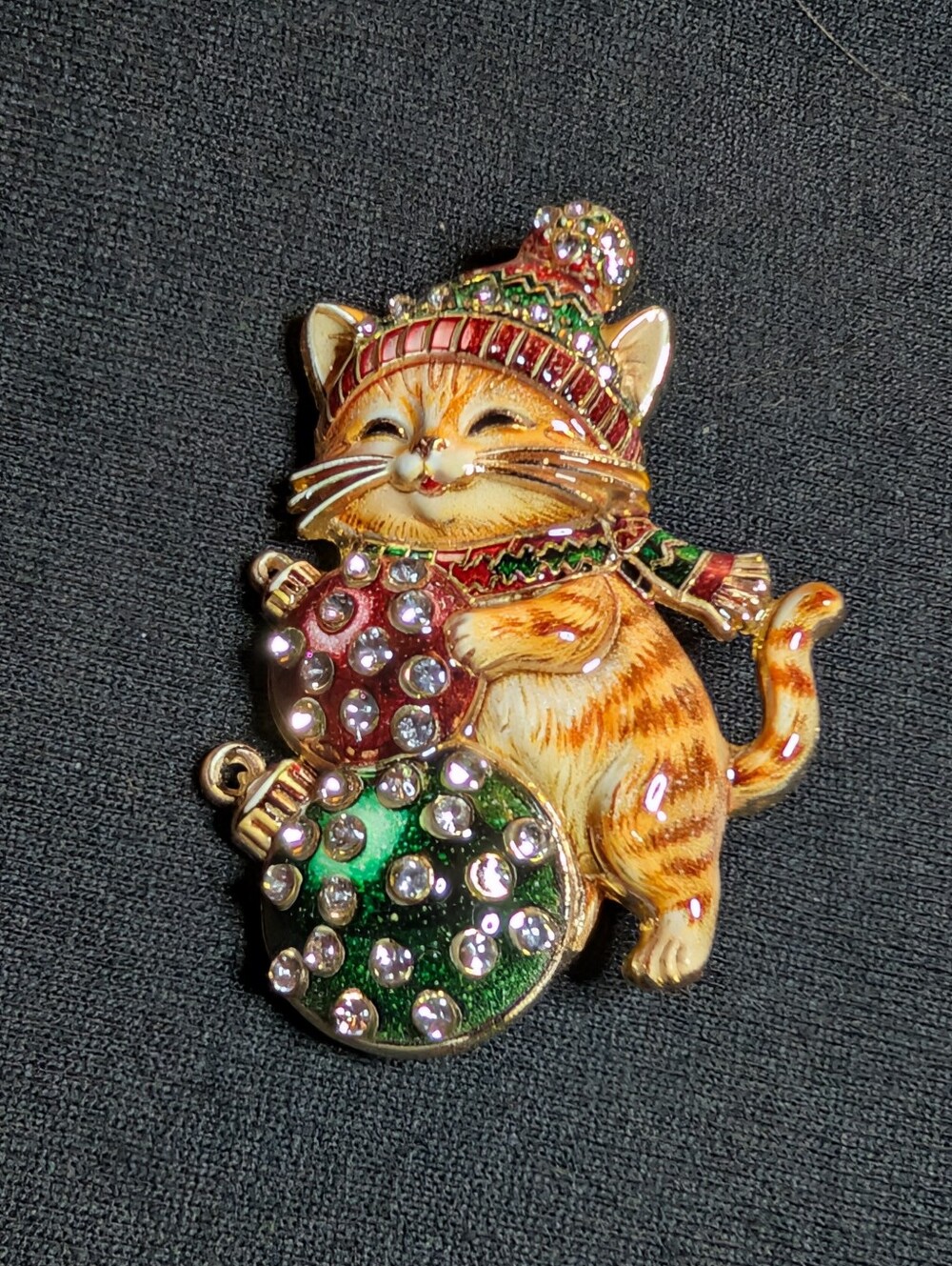 Festive Orange Tabby Cat Holiday Charm Brooch